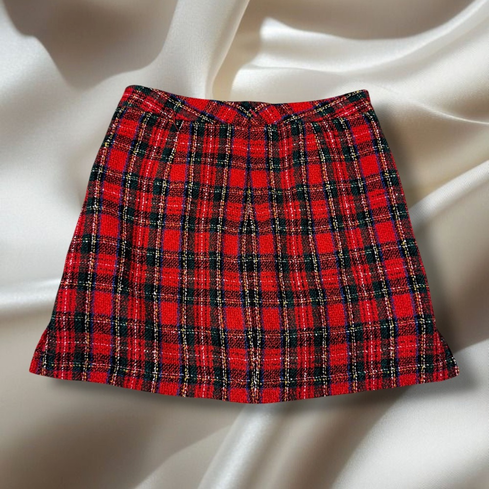 Evolution Not Revolution Y2K Red Tartan Plaid Tweed Mini Skirt Size 7 / Small